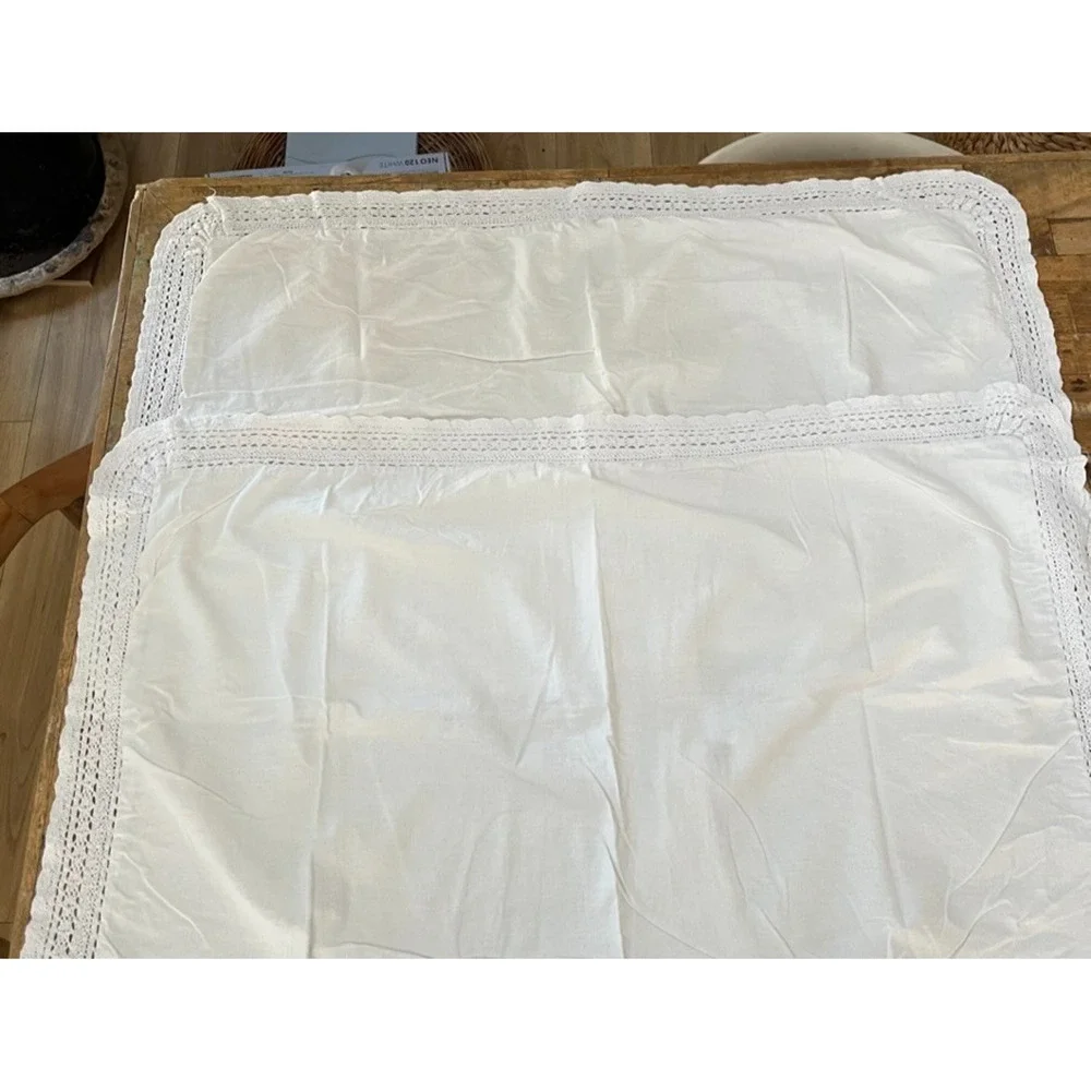 Simply Shabby Chic White King Pillow Shams (2) Linen Blend Lace Crochet Trim